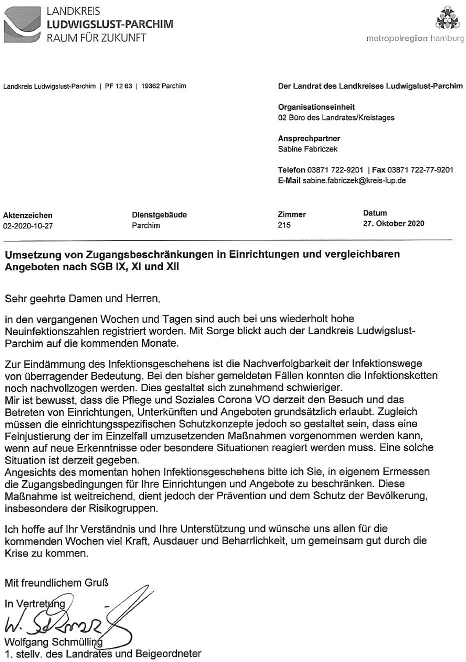 Umsetzung von Zugangsbeschränkungen in Einrichtungen und vergleichbaren Angeboten nach SGB IX, XI und XII
Vom Landkreis Ludwigslust-Parchim